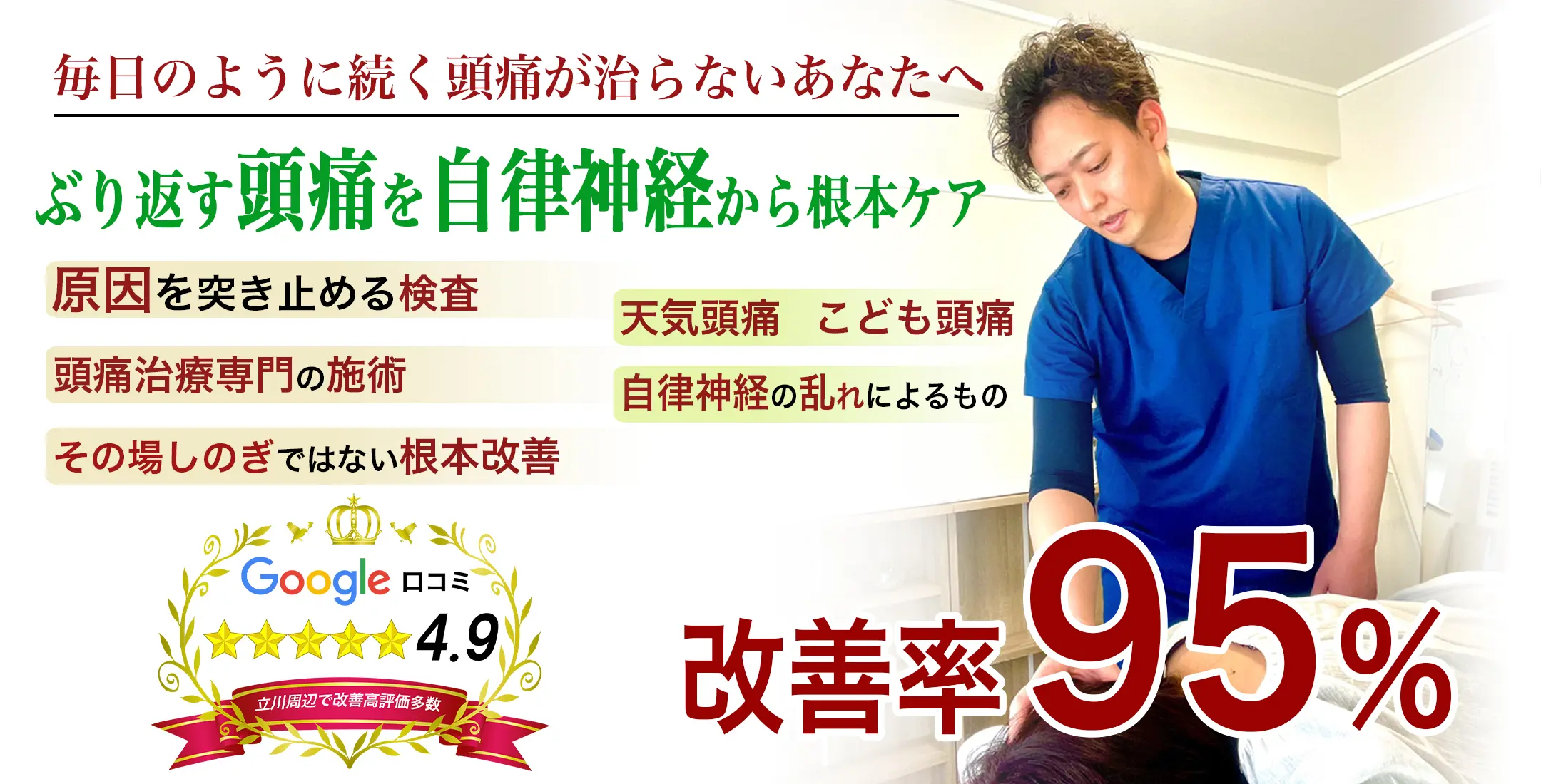 頭痛は治らないと諦めていませんか？あなたの頭痛の原因と治し方がわかります。更年期障害、自律神経の乱れ。緊張型頭痛、偏頭痛、片頭痛、群発頭痛、薬物乱用頭痛、天気頭痛、気圧頭痛の改善率95％。