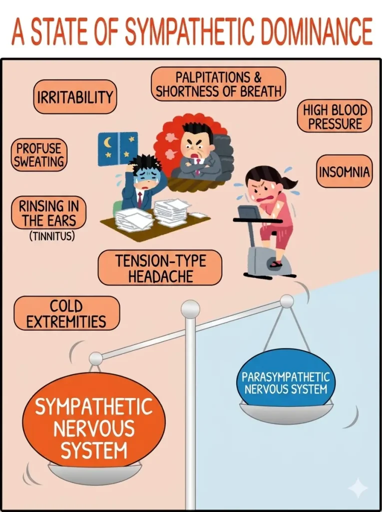 A state of sympathetic nervous system dominance — symptoms include tension headache, insomnia, tinnitus, irritability, palpitations