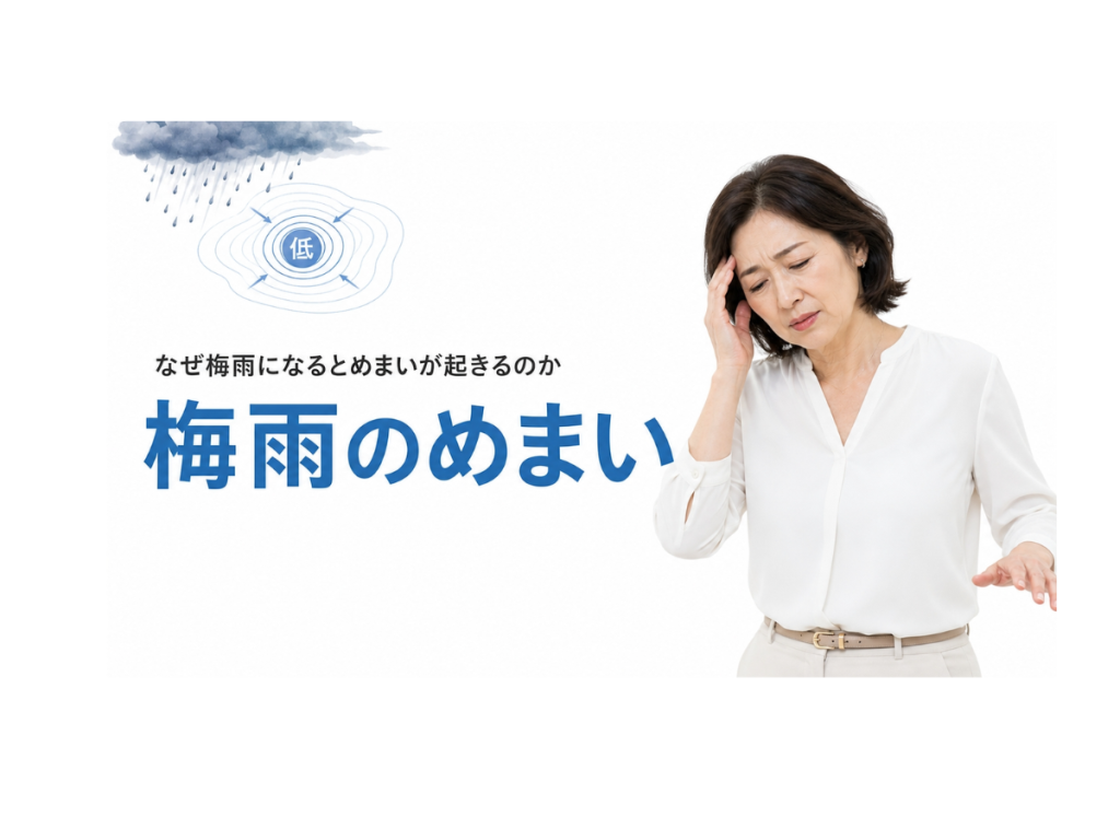 梅雨のめまい｜気圧低下と湿気で内耳が過剰反応しめまいが起きるメカニズムを解説するイラスト